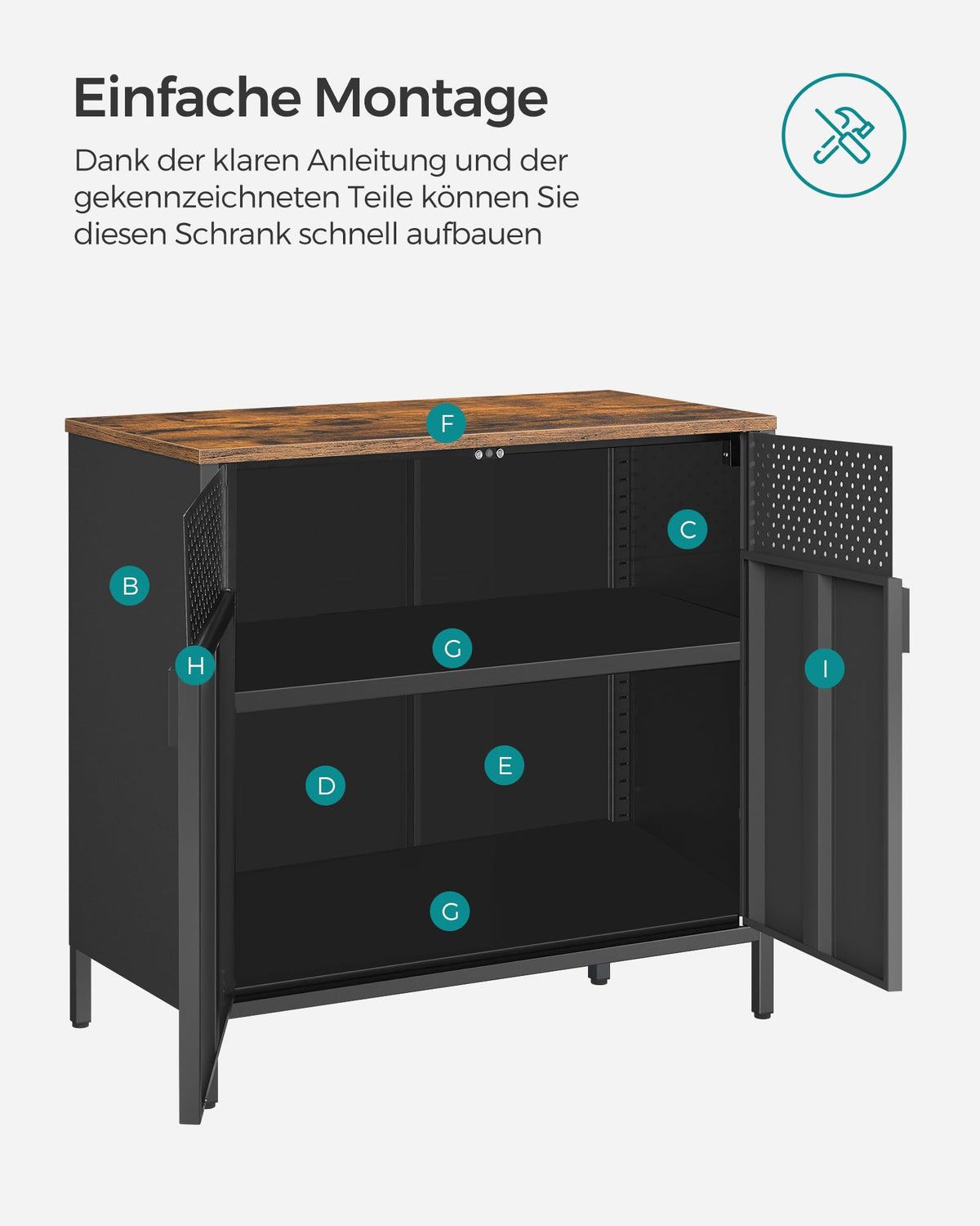 Aufbewahrungsschrank Metallschrank mit Doppeltür, Stahlgestell, Mattschwarz-Rustikales Braun